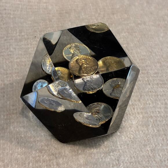Vintage Acrylic Lucite 1978Geometric Floating Penny paperweight - Picture 1 of 7